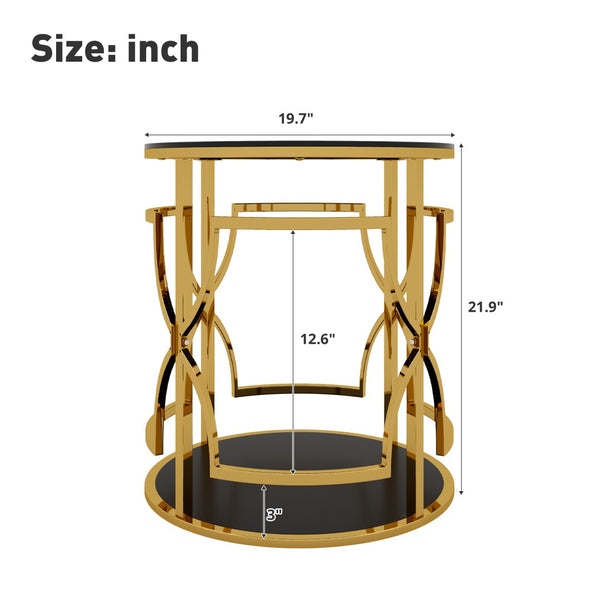 English Elm 19.7 Inch Round Gold Geometric End Table Dual Tier Tempered Glass Top Glam Living Room Accent Black N735P464301B