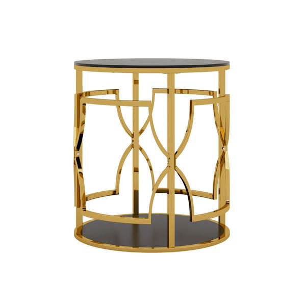 English Elm 19.7 Inch Round Gold Geometric End Table Dual Tier Tempered Glass Top Glam Living Room Accent Black N735P464301B