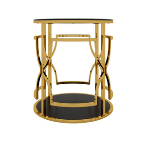 English Elm 19.7 Inch Round Gold Geometric End Table Dual Tier Tempered Glass Top Glam Living Room Accent Black N735P464301B