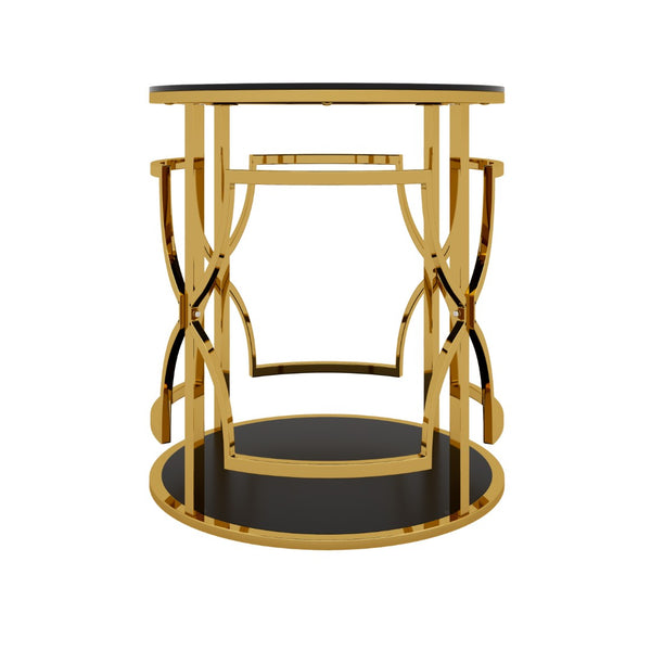 English Elm 19.7 Inch Round Gold Geometric End Table Dual Tier Tempered Glass Top Glam Living Room Accent Black N735P464301B
