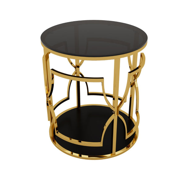 English Elm 19.7 Inch Round Gold Geometric End Table Dual Tier Tempered Glass Top Glam Living Room Accent Black N735P464301B