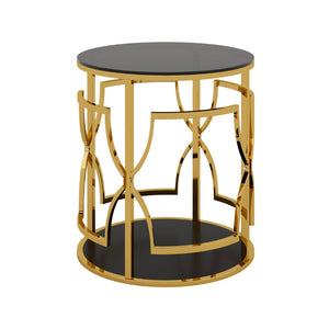 English Elm 19.7 Inch Round Gold Geometric End Table Dual Tier Tempered Glass Top Glam Living Room Accent Black N735P464301B