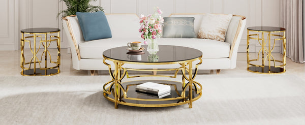 English Elm 19.7 Inch Round Gold Geometric End Table Dual Tier Tempered Glass Top Glam Living Room Accent Black N735P464301B