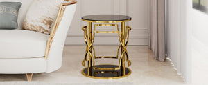 English Elm 19.7 Inch Round Gold Geometric End Table Dual Tier Tempered Glass Top Glam Living Room Accent Black N735P464301B