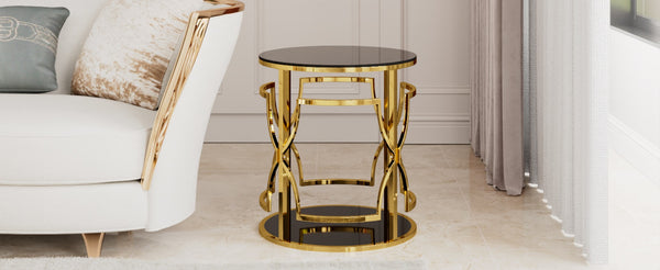 English Elm 19.7 Inch Round Gold Geometric End Table Dual Tier Tempered Glass Top Glam Living Room Accent Black N735P464301B