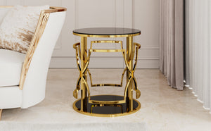 English Elm 19.7 Inch Round Gold Geometric End Table Dual Tier Tempered Glass Top Glam Living Room Accent Black N735P464301B