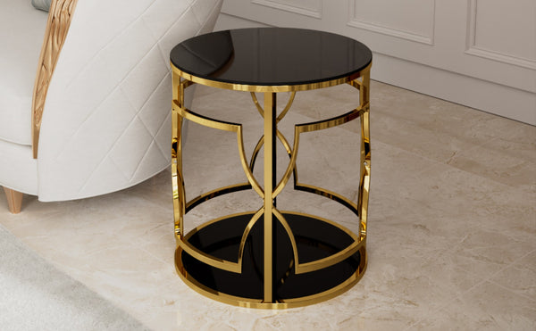 English Elm 19.7 Inch Round Gold Geometric End Table Dual Tier Tempered Glass Top Glam Living Room Accent Black N735P464301B