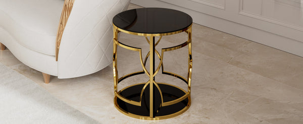 English Elm 19.7 Inch Round Gold Geometric End Table Dual Tier Tempered Glass Top Glam Living Room Accent Black N735P464301B