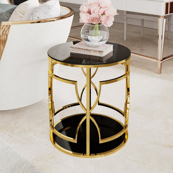 English Elm 19.7 Inch Round Gold Geometric End Table Dual Tier Tempered Glass Top Glam Living Room Accent Black N735P464301B