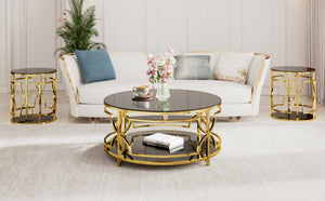 English Elm 19.7 Inch Round Gold Geometric End Table Dual Tier Tempered Glass Top Glam Living Room Accent Black N735P464301B
