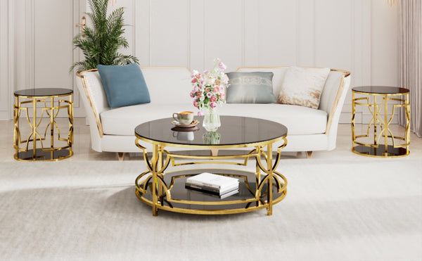English Elm 19.7 Inch Round Gold Geometric End Table Dual Tier Tempered Glass Top Glam Living Room Accent Black N735P464301B