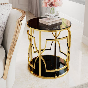 English Elm 19.7 Inch Round Gold Geometric End Table Dual Tier Tempered Glass Top Glam Living Room Accent Black N735P464301B