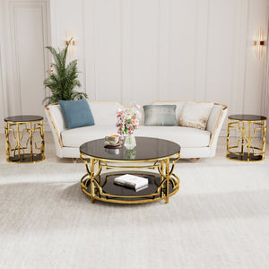 English Elm 19.7 Inch Round Gold Geometric End Table Dual Tier Tempered Glass Top Glam Living Room Accent Black N735P464301B