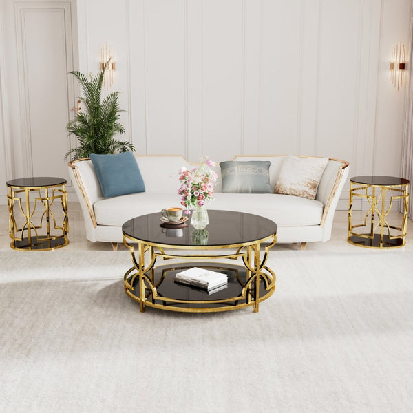 English Elm 19.7 Inch Round Gold Geometric End Table Dual Tier Tempered Glass Top Glam Living Room Accent Black N735P464301B