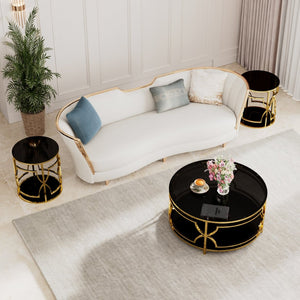 English Elm 19.7 Inch Round Gold Geometric End Table Dual Tier Tempered Glass Top Glam Living Room Accent Black N735P464301B