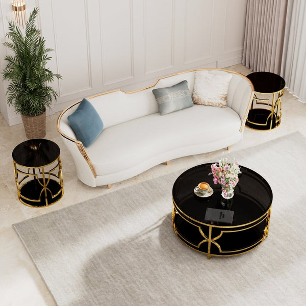 English Elm 19.7 Inch Round Gold Geometric End Table Dual Tier Tempered Glass Top Glam Living Room Accent Black N735P464301B