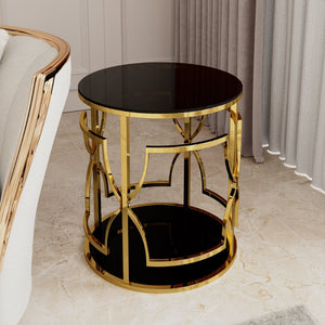 English Elm 19.7 Inch Round Gold Geometric End Table Dual Tier Tempered Glass Top Glam Living Room Accent Black N735P464301B