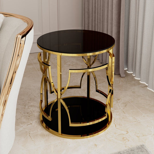 English Elm 19.7 Inch Round Gold Geometric End Table Dual Tier Tempered Glass Top Glam Living Room Accent Black N735P464301B