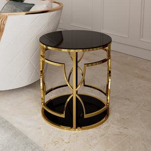 English Elm 19.7 Inch Round Gold Geometric End Table Dual Tier Tempered Glass Top Glam Living Room Accent Black N735P464301B