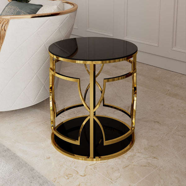 English Elm 19.7 Inch Round Gold Geometric End Table Dual Tier Tempered Glass Top Glam Living Room Accent Black N735P464301B