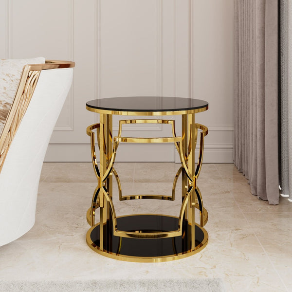 English Elm 19.7 Inch Round Gold Geometric End Table Dual Tier Tempered Glass Top Glam Living Room Accent Black N735P464301B