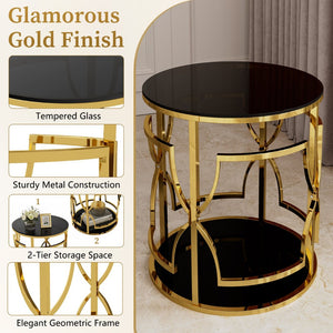 English Elm 19.7 Inch Round Gold Geometric End Table Dual Tier Tempered Glass Top Glam Living Room Accent Black N735P464301B