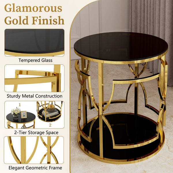 English Elm 19.7 Inch Round Gold Geometric End Table Dual Tier Tempered Glass Top Glam Living Room Accent Black N735P464301B