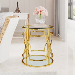 English Elm 19.7 Inch Round Gold Geometric End Table Dual Tier Tempered Glass Top Glam Living Room Accent Transparent N735P464301K