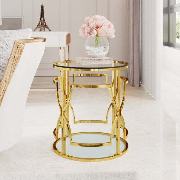 English Elm 19.7 Inch Round Gold Geometric End Table Dual Tier Tempered Glass Top Glam Living Room Accent Transparent N735P464301K