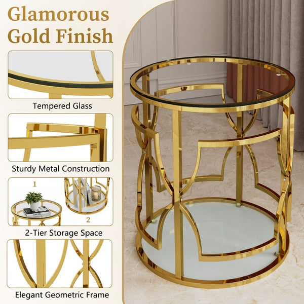 English Elm 19.7 Inch Round Gold Geometric End Table Dual Tier Tempered Glass Top Glam Living Room Accent Transparent N735P464301K