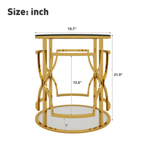 English Elm 19.7 Inch Round Gold Geometric End Table Dual Tier Tempered Glass Top Glam Living Room Accent Transparent N735P464301K