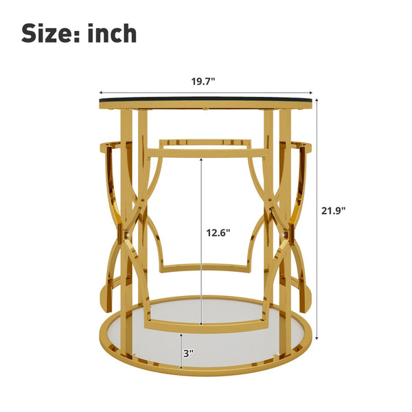 English Elm 19.7 Inch Round Gold Geometric End Table Dual Tier Tempered Glass Top Glam Living Room Accent Transparent N735P464301K