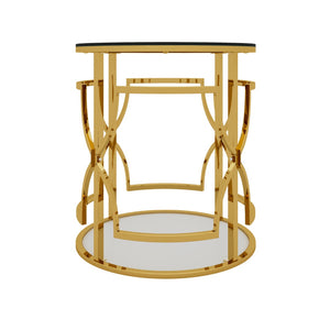 English Elm 19.7 Inch Round Gold Geometric End Table Dual Tier Tempered Glass Top Glam Living Room Accent Transparent N735P464301K