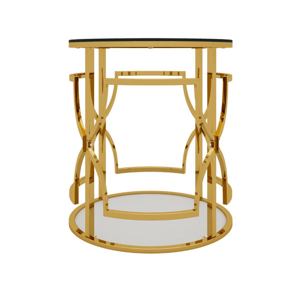 English Elm 19.7 Inch Round Gold Geometric End Table Dual Tier Tempered Glass Top Glam Living Room Accent Transparent N735P464301K