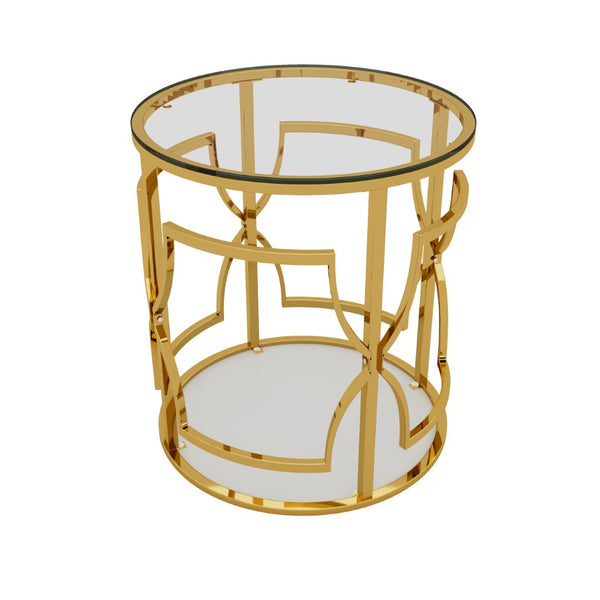 English Elm 19.7 Inch Round Gold Geometric End Table Dual Tier Tempered Glass Top Glam Living Room Accent Transparent N735P464301K