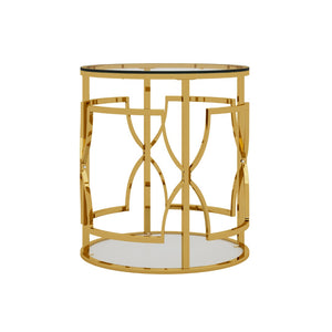 English Elm 19.7 Inch Round Gold Geometric End Table Dual Tier Tempered Glass Top Glam Living Room Accent Transparent N735P464301K