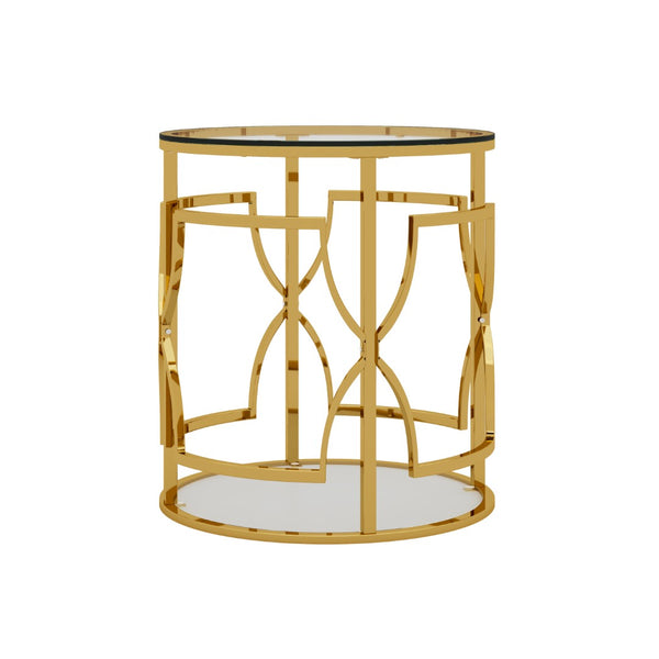 English Elm 19.7 Inch Round Gold Geometric End Table Dual Tier Tempered Glass Top Glam Living Room Accent Transparent N735P464301K