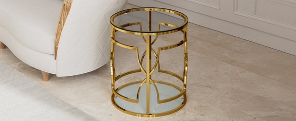 English Elm 19.7 Inch Round Gold Geometric End Table Dual Tier Tempered Glass Top Glam Living Room Accent Transparent N735P464301K