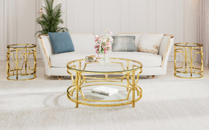 English Elm 19.7 Inch Round Gold Geometric End Table Dual Tier Tempered Glass Top Glam Living Room Accent Transparent N735P464301K