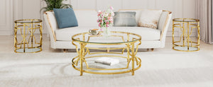 English Elm 19.7 Inch Round Gold Geometric End Table Dual Tier Tempered Glass Top Glam Living Room Accent Transparent N735P464301K