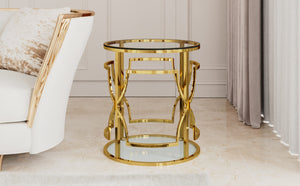 English Elm 19.7 Inch Round Gold Geometric End Table Dual Tier Tempered Glass Top Glam Living Room Accent Transparent N735P464301K