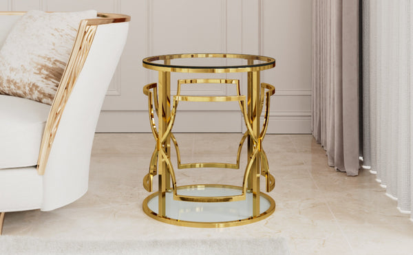English Elm 19.7 Inch Round Gold Geometric End Table Dual Tier Tempered Glass Top Glam Living Room Accent Transparent N735P464301K