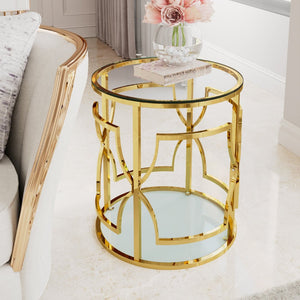 English Elm 19.7 Inch Round Gold Geometric End Table Dual Tier Tempered Glass Top Glam Living Room Accent Transparent N735P464301K
