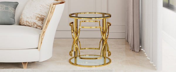English Elm 19.7 Inch Round Gold Geometric End Table Dual Tier Tempered Glass Top Glam Living Room Accent Transparent N735P464301K