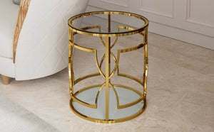 English Elm 19.7 Inch Round Gold Geometric End Table Dual Tier Tempered Glass Top Glam Living Room Accent Transparent N735P464301K