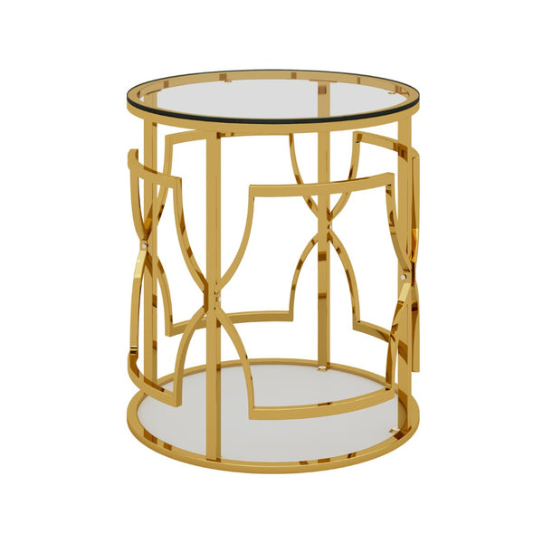 English Elm 19.7 Inch Round Gold Geometric End Table Dual Tier Tempered Glass Top Glam Living Room Accent Transparent N735P464301K
