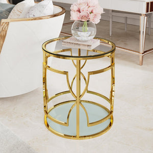 English Elm 19.7 Inch Round Gold Geometric End Table Dual Tier Tempered Glass Top Glam Living Room Accent Transparent N735P464301K