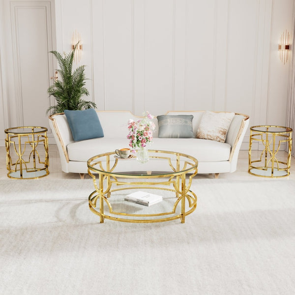 English Elm 19.7 Inch Round Gold Geometric End Table Dual Tier Tempered Glass Top Glam Living Room Accent Transparent N735P464301K