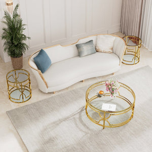 English Elm 19.7 Inch Round Gold Geometric End Table Dual Tier Tempered Glass Top Glam Living Room Accent Transparent N735P464301K