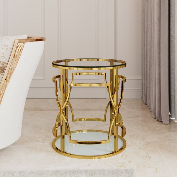 English Elm 19.7 Inch Round Gold Geometric End Table Dual Tier Tempered Glass Top Glam Living Room Accent Transparent N735P464301K